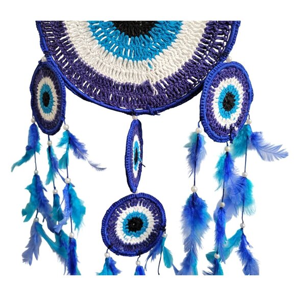 Crocheted Evil Eye Blue and White Dreamcatcher With Feathers and Beads 31" Long - Picture 3 of 7